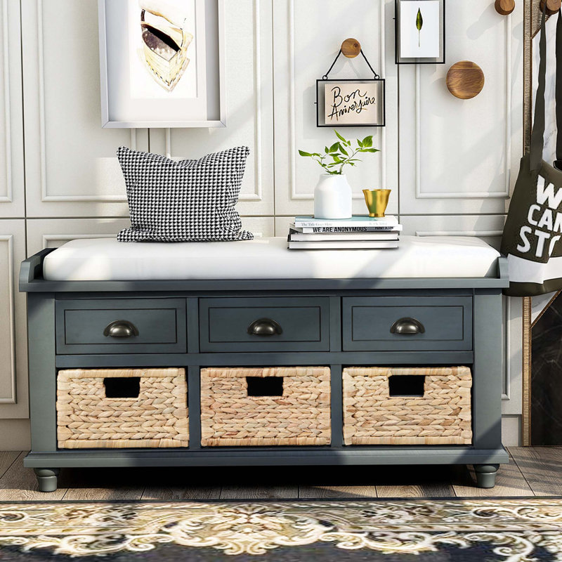 42" Wide Shoe Storage Bench with Cushion Entryway Bench with 3 Drawers and 3 Rattan Baskets, Antique Navy