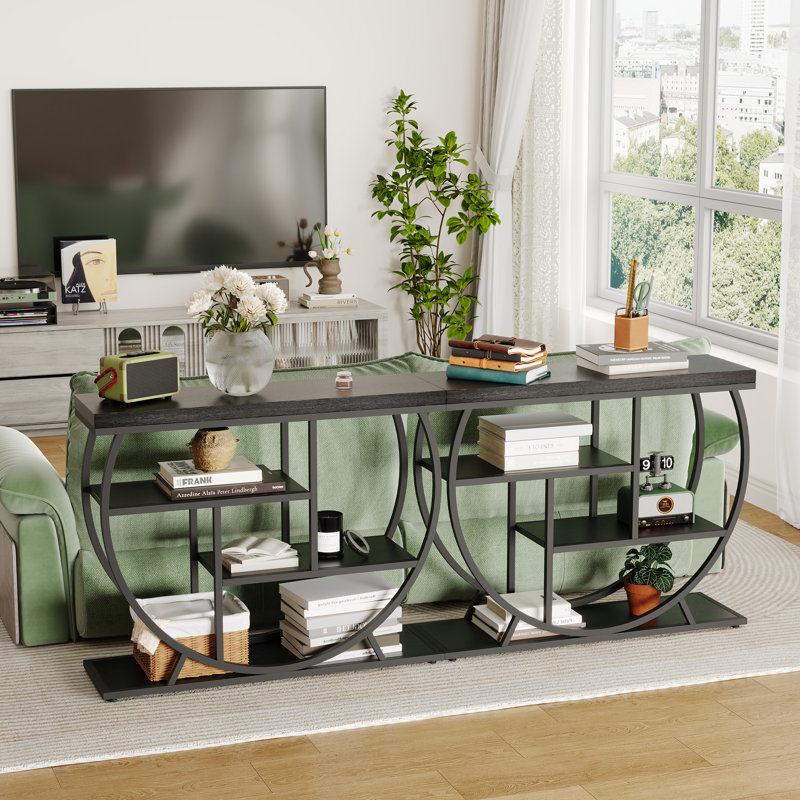 4-Tier Narrow Console Table for Living Room - Industrial Farmhouse Sofa Table with Storage Shelves - Sturdy Metal & Wood Accent - Modern Hallway Furniture Set - Black Wood Grain