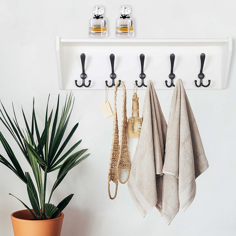 Tablette murale avec crochets - Portemanteau blanc de 24 po, 5 crochets triples pour la salle de bain, l'entrée et le vestibule