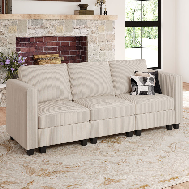 Canapé modulaire avec rangement à 3 places Vevey, Velours côtelé beige