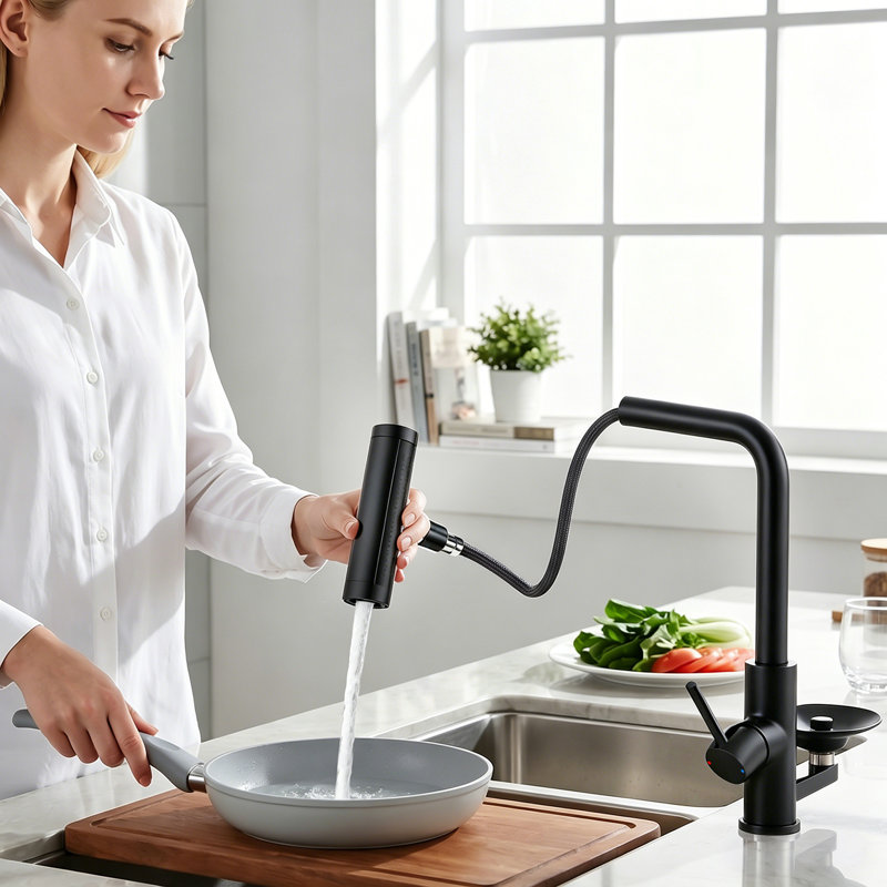 Single Lever Pull-Out Kitchen Mixer Tap With Integrated Glass Rinser, Black