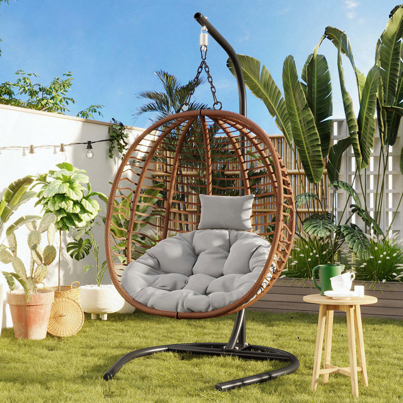 Folding Hanging Egg Chair with Stand and Adjustable Headrest, Brown, Gray