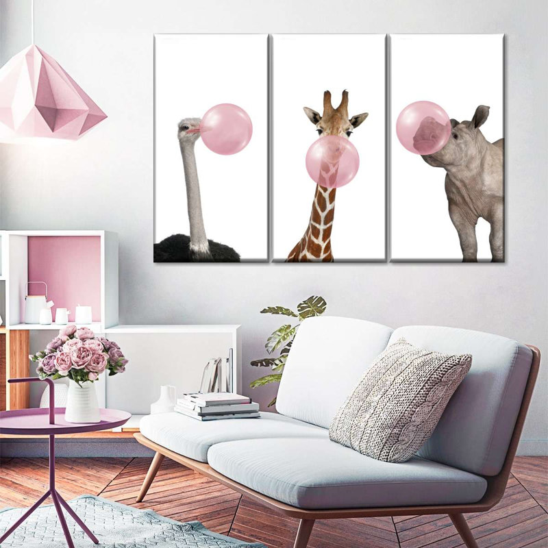 Ensemble de 3 animaux rigolos sur toile, H 36 po x l 57 po