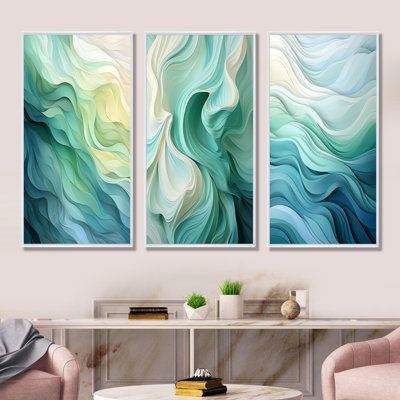 «Gree And White Sway Wave Serenity I», ensemble d'art mural abstrait sur toile géométrique, 3 pièces
