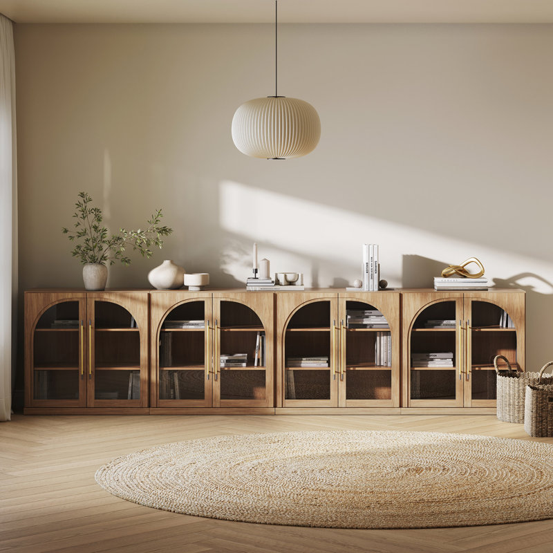 Set of 4 Modular Sideboard with Arched Glass Door and Adjustable Shelves, Camel, Camel