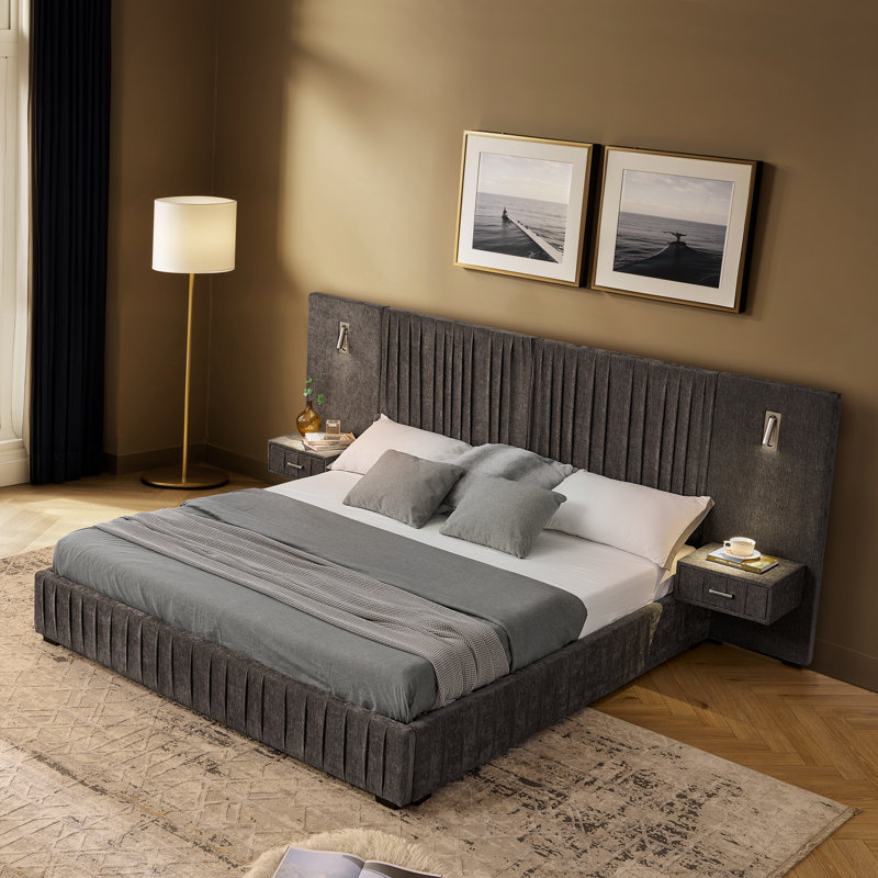 Très grand lit tapissier en chenille avec tête de lit et structure solide, Gris, Grand lit