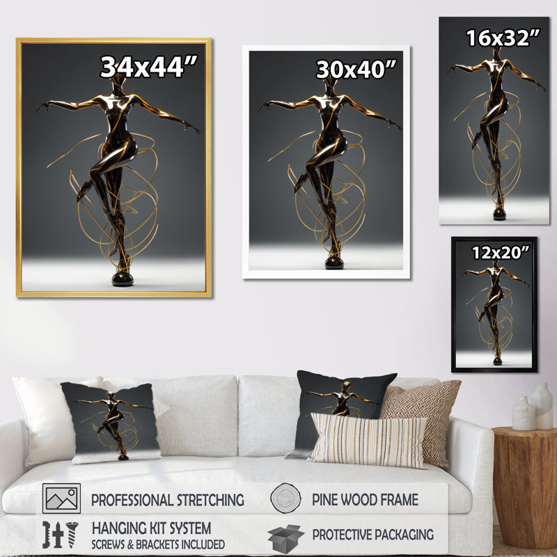 «Dynamic Pose», danseuse dorée abstraite - femme, photographie de mode, art mural sur toile, H 32 po x l 16 po x P 1 po