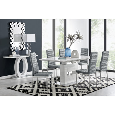 Alezzo Modern High Gloss Extendable Dining Table Set with 6 Quilted Faux Leather Dining Chairs