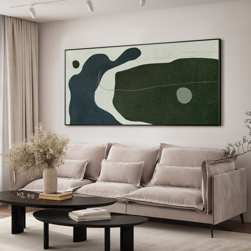 Très grand imprimé géométrique abstrait mural - œuvre d'art contemporaine verte pour le salon ou la chambre à coucher, assemblage de cadre requis