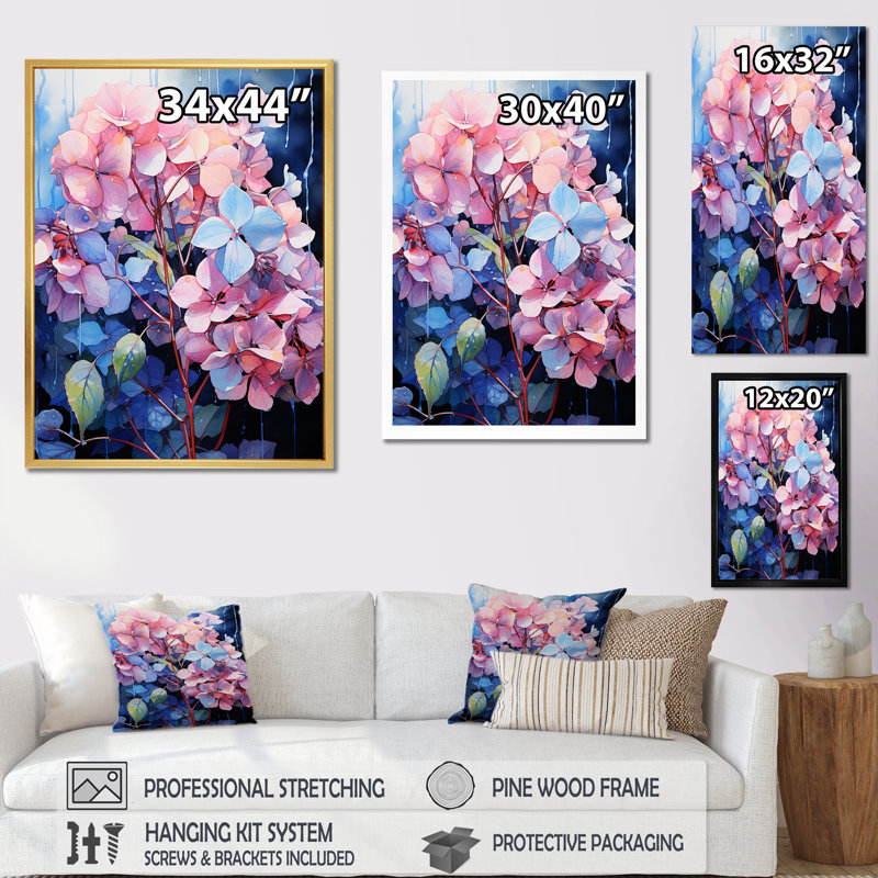 Hortensias bleus et mauves I, H 32 po x l 24 po x P 1 po, Cadre flottant doré
