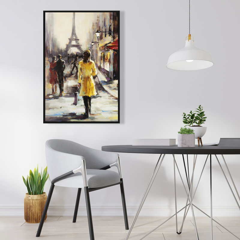 Yellow Coat Woman Walking on Street - Red Framed Canvas Art