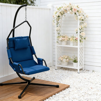 Hanging Swing Chair with Steel Frame, Weather-Resistant Cushion, and Adjustable Stand for Indoor and Outdoor Use.