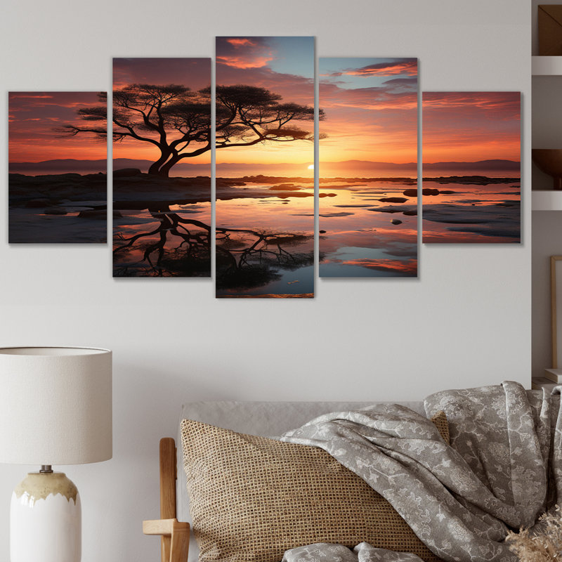 Coucher de soleil harmonie en Afrique - Paysage coucher de soleil, reproduction sur toile - 5 panneaux