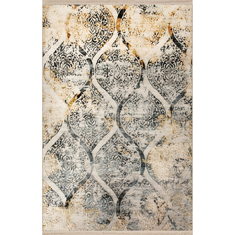 Tapis décoratif moderne à motif géométrique beige / gris-poudre, Rectangle 4 pi 11,06 po x 7 pi 6,55 po