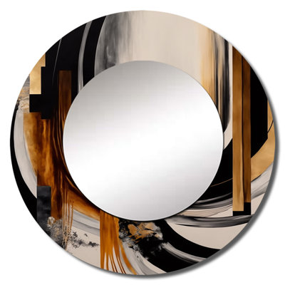 Pushapa Gold Touch Art Deco IV - Abstract Large Mirror, Black Round Decorative Wall Mirror, Printed Metal Art