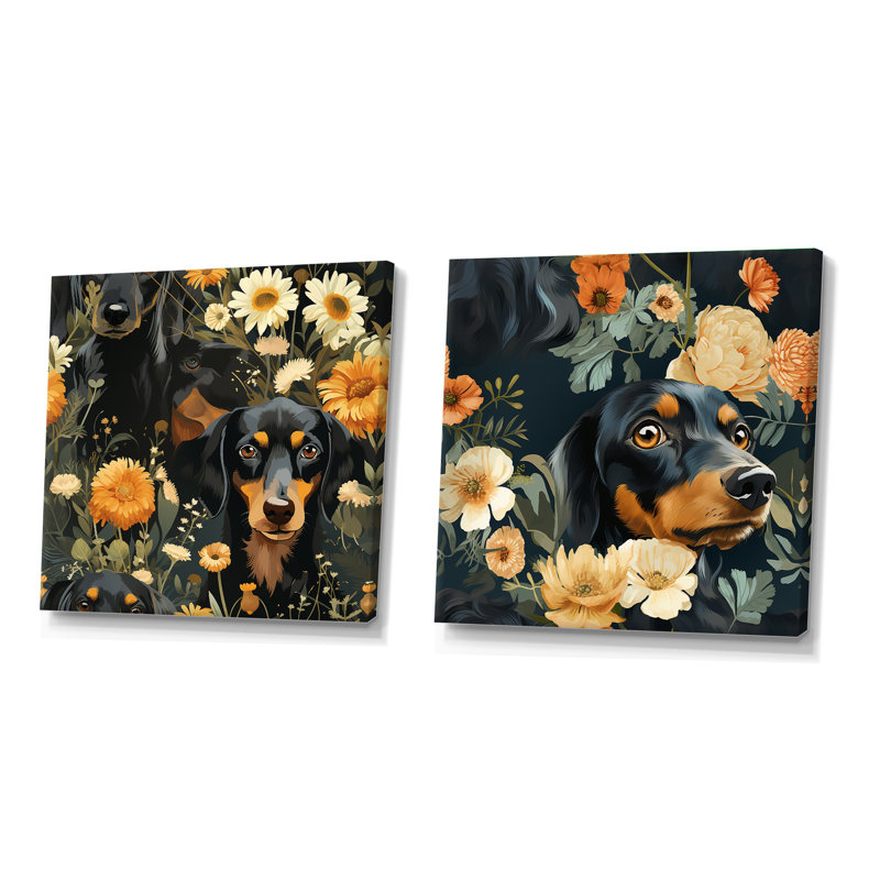 Daschund Dog - animaux, ensemble de 2 collages carrés, H 30 po x l 61 po, Toile tendue