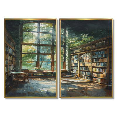 Bibliothèque verte verte bibliothèque Quiet Haven - impression sur toile, ensemble de 2 décorations murales architecture verte