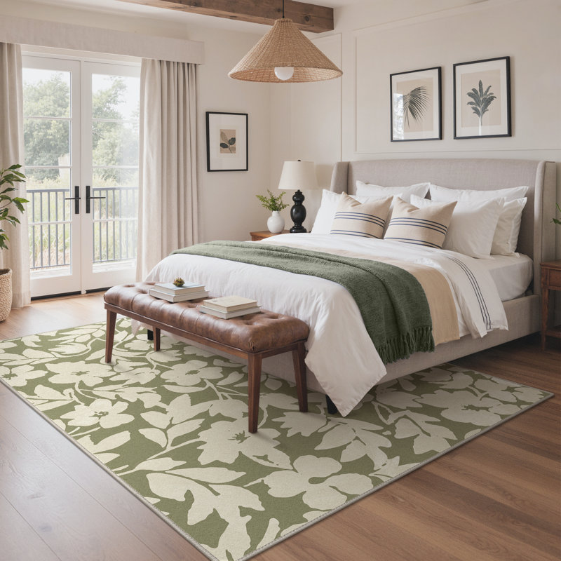 Vilve Floral Machine Washable Beige/Sage Green Indoor Area Rug With Non-Slip Backing, Round 5'