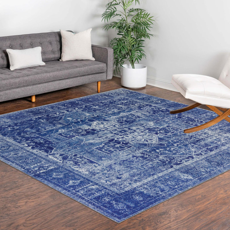 Tapis transitionnel de couleur marine / ivoire, Carré 7 pi 6 po