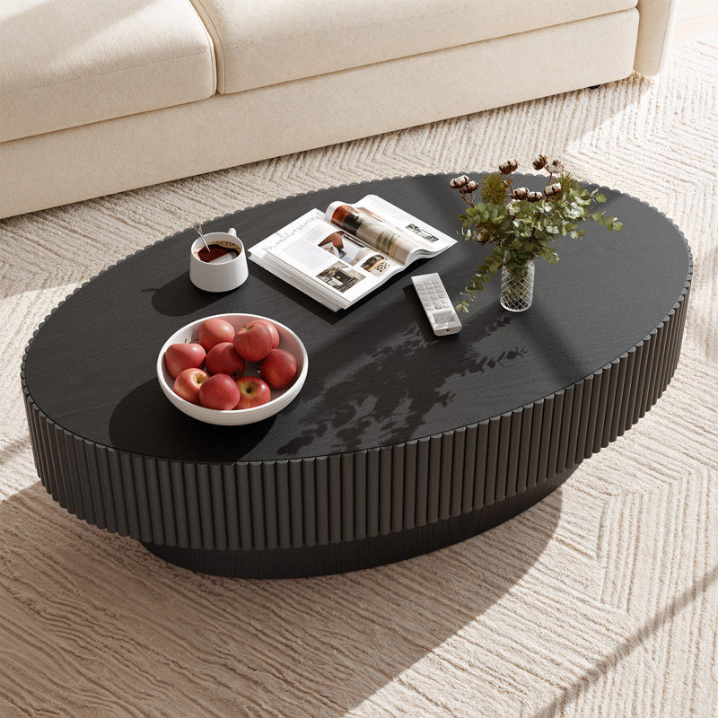 44.4" Solid Wood Oval Coffee Table with Fluted Design  , Black
