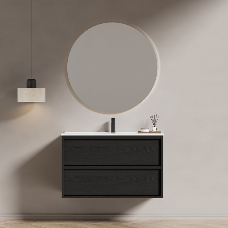 Meuble-lavabo 36 po avec lavabo en céramique - Meuble-lavabo mural flottant cannelé gris avec tiroirs, moderne