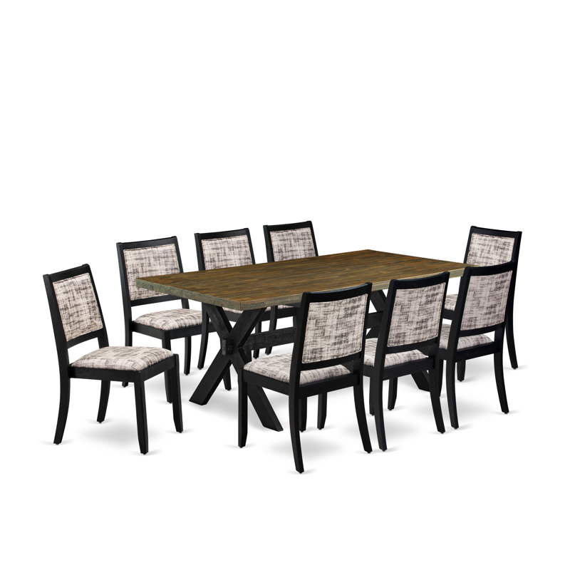 Cet ensemble de cuisine moderne de 9 pièces comprend une table en bois avec plateau et 8 chaises empilables avec un tissu en polyester à motif blanc et gris - noir brossé