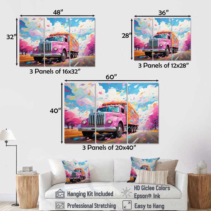 «Pink Raimbow Truck» - ensemble d'art mural en toile, H 28 po x l 36 po
