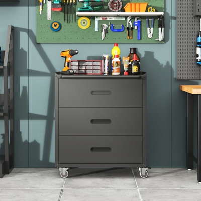 Armoire de rangement robuste en métal à 3 tiroirs avec roulettes - garage, bureau, maison. Acier, noir. 360 roues rotatives. Rangement spacieux. Fabrication en acier 160Lb avec dessus protégé, capacité de charge généreuse de 200L verrouillable