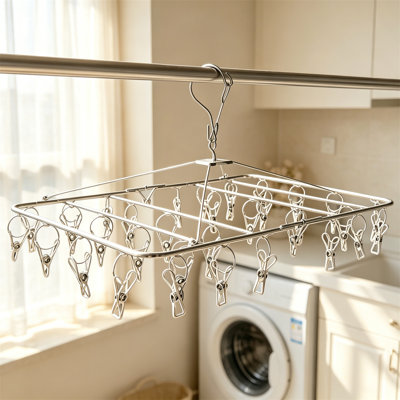 Drying Rack with 52 Clips, Stainless Steel Laundry Drying Rack Folding Sock Underwear Hanger
