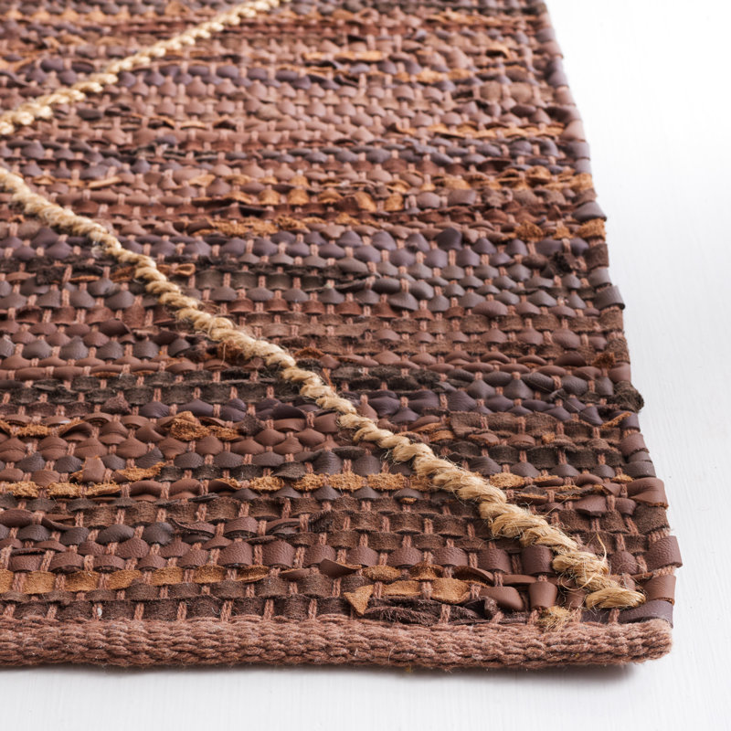 Brown and Natural 6' x 6' Square Leather Geometric Rug