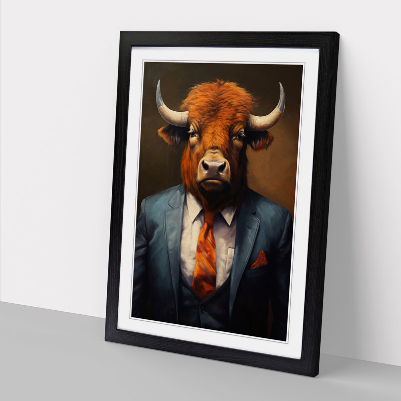 Buffalo In A Suit No.4 - Single Picture Frame Print on Wood, 46cm H x 34cm W x 2cm D, Black 