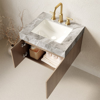 Meuble-lavabo de salle de bain 24 po MURI, armoire de rangement flottante en contreplaqué avec 2 portes, comptoir en pierre frittée blanc de Carrare et lavabo en céramique avec 3 trous de robinet pré-percés, pré-assemblé