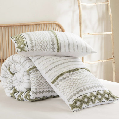 3 édredons en coton chenille double / grand, imprimé d'inspiration mondiale et taies décoratives sauge / couleur,