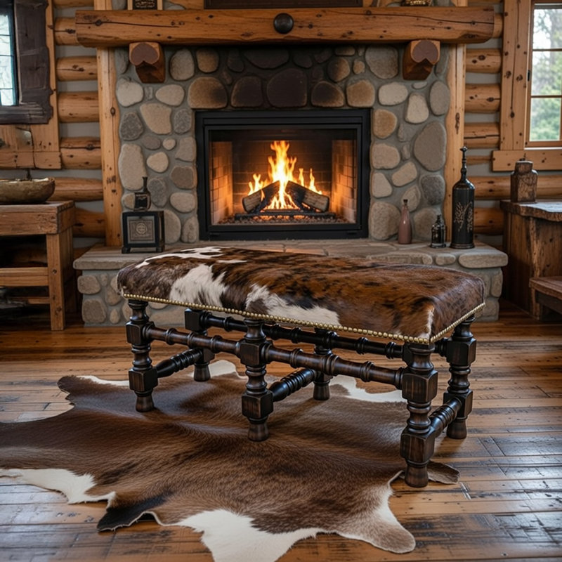 High Plains Cowhide Upholstered Bench with Hand-Turned Wood Base