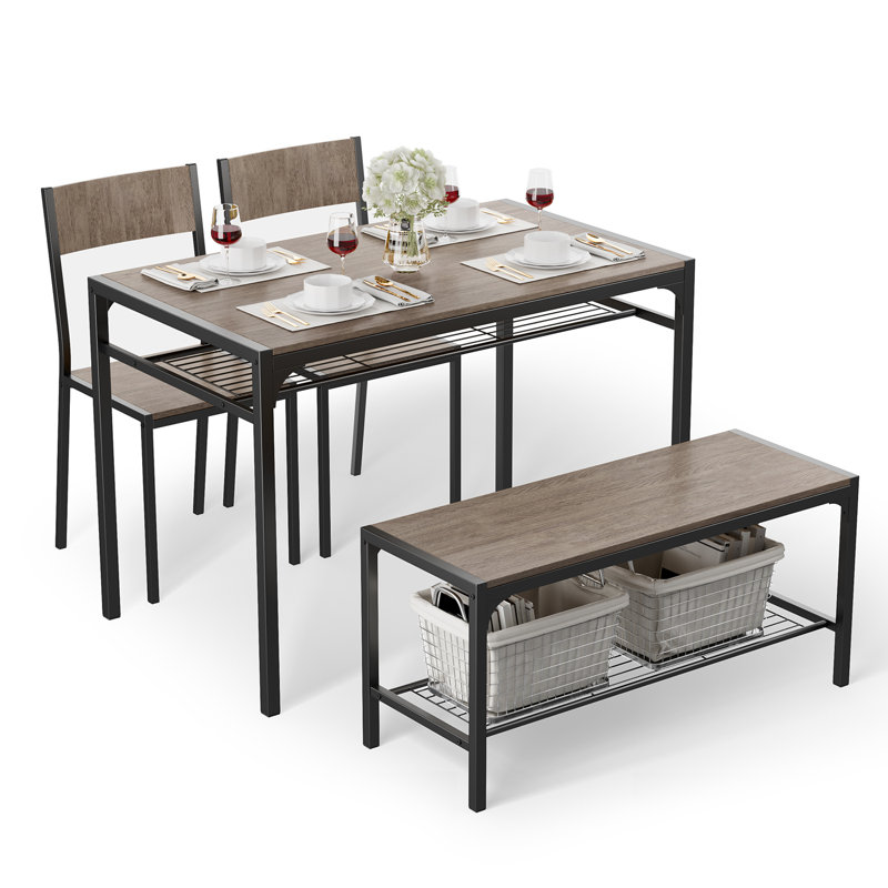Tamajah 4‑Person Dining Table Set with 2 Chairs and Storage Bench for Small Spaces, Gray