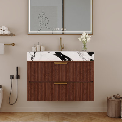 Meuble-lavabo flottant moderne avec plateau en pierre frittée et tiroirs à fermeture en douceur Aurelle