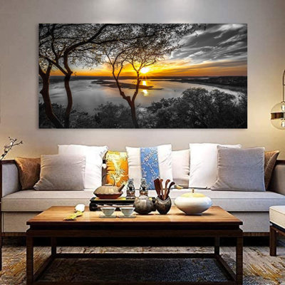 Black And White Canvas Wall Art Bedroom Lake Tree Print Art Forest Gold Sunset Poster Picture Natural Scenery Artwork Landscape Painting Living Room Wall Decor Modern Home Decor Framed