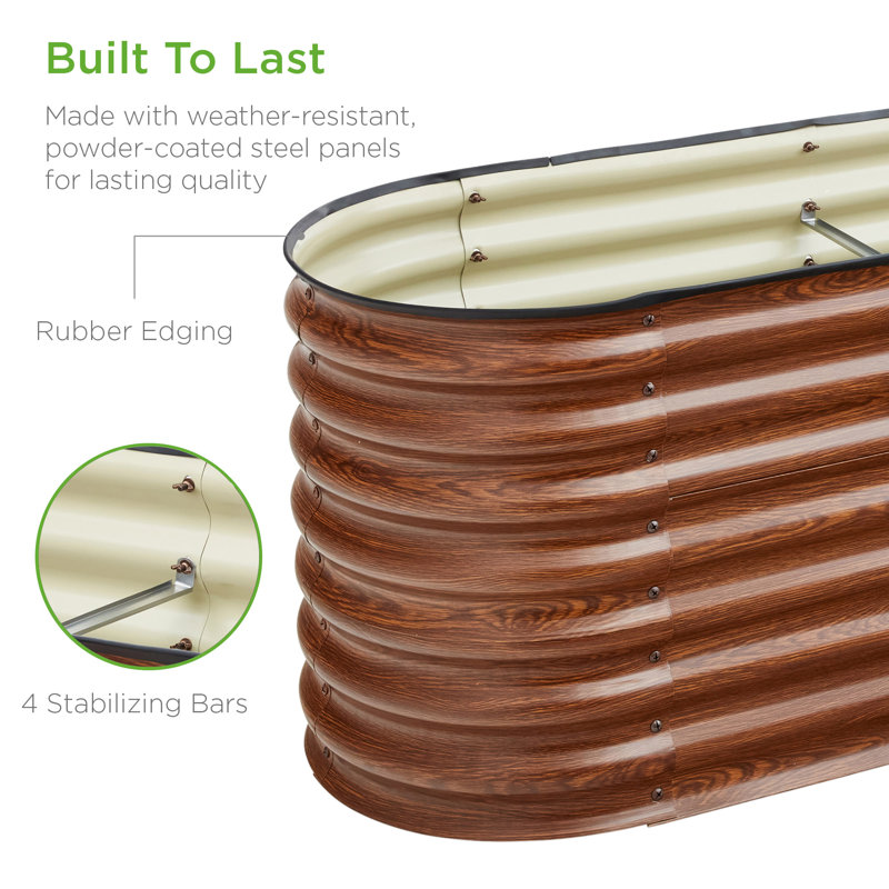Shalynn 8x2x2ft Metal Raised Garden Bed, Oval Outdoor Planter Box w/ 4 Support Bars, Wood Grain