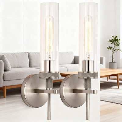 Modern Industrial Bathroom Vanity Light Set Of 2, Brushed Nickel Wall Sconce With Texture And Clear Glass Shade For Bright Mirror Lighting