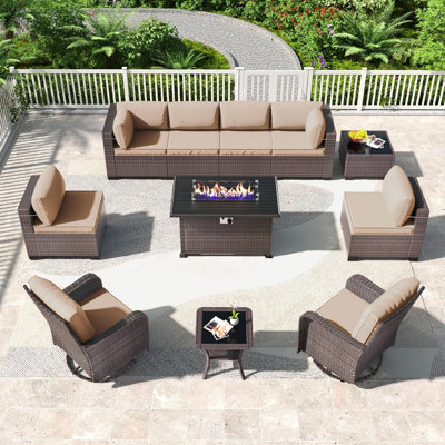 8 - Person Outdoor Furniture Rattan Patio Set With PE Rattan Base Fire Pit Table And Coffee Table