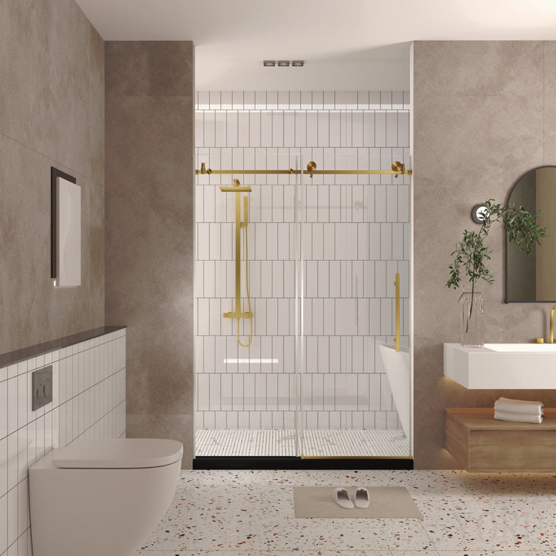 Porte de douche sans cadre l 44 à 48 po x H 76 po, verre trempé transparent de 1/4 po (6 mm), film antidéflagrant, poignée en acier inoxydable, or brossé