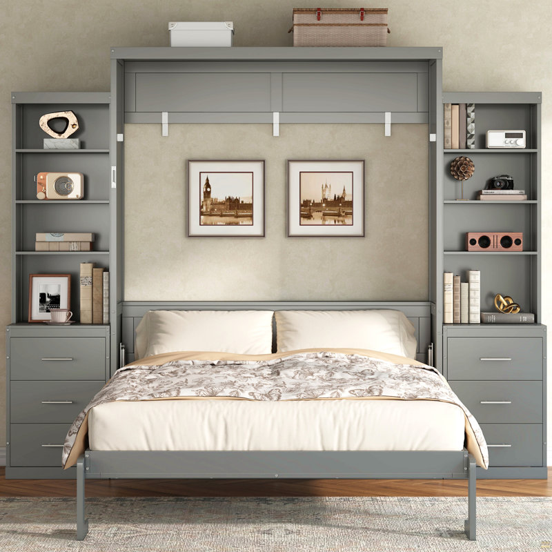 Grand lit escamotable avec tablettes de rangement et tiroirs, Grey