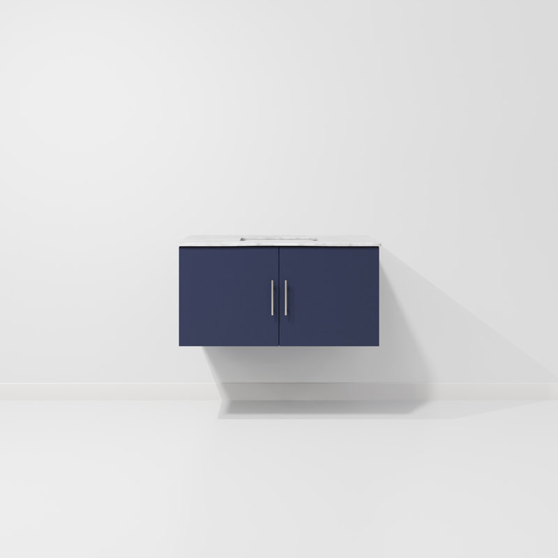 Meuble-lavabo simple 24 po avec plateau Geneva, Marbre de Carrare blanc, Marine