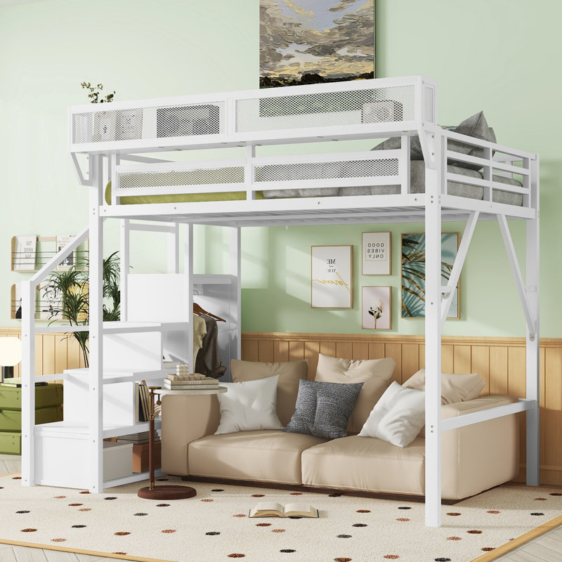 Lit mezzanine pleine grandeur en métal avec escalier, garde-robe et tablettes de rangement, lit haute pour enfants et adolescents peu encombrant, blanc