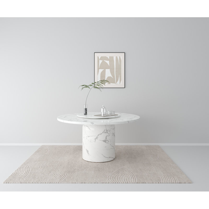 Burga Round 60'' Marble Dining Table, White Marble with Dark Gray Veining