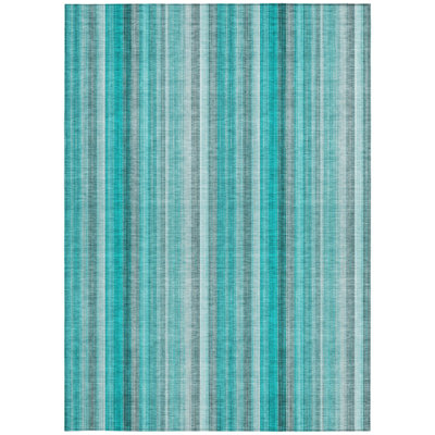 8' X 10' Teal and Gray Striped Washable Non Skid Indoor Outdoor Area Rug