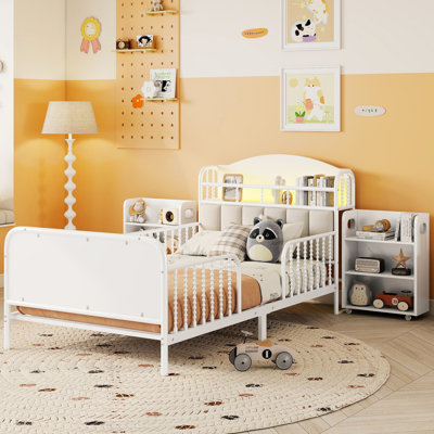 White Twin Metal Bed Frame With Led , Upholstered Headboard, And Low - Profile Style, Ideal For ' Sleep Zone Size Adjustable Lights, Guardrails, Pull Out Storage, Rooms