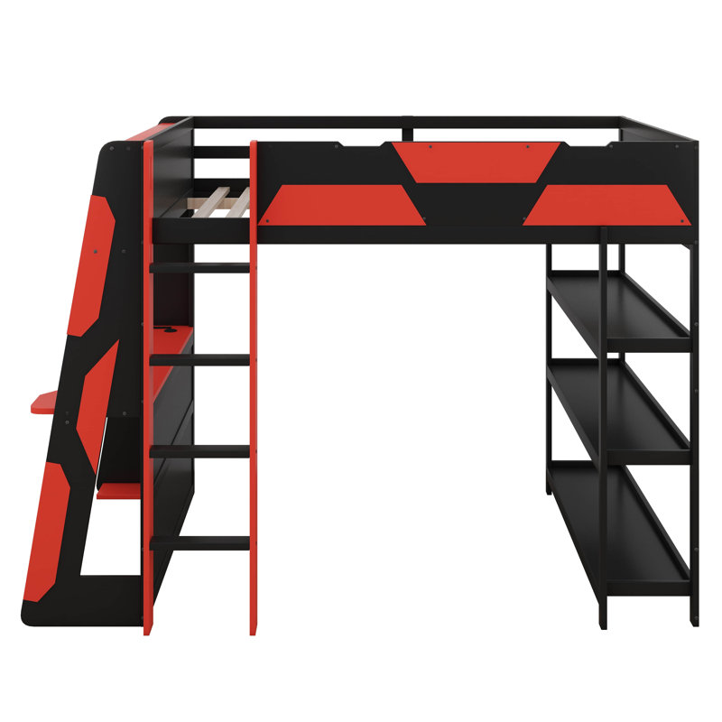 Gaming Loft Bed With Desk & Storage Shelves, Built-In Power Outlets & USB Ports, LED Lights, Black/Red