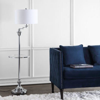 Waldenburg 60" Modern Metal LED Floor Lamp with Integrated Glass Side Table and Swing Arm