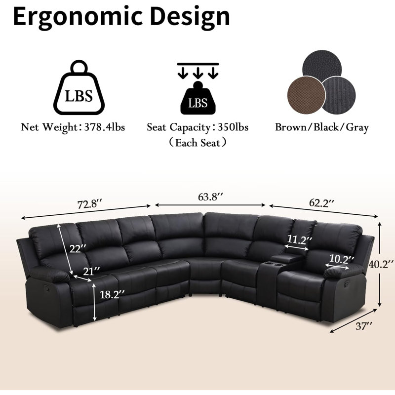 Living Room Furniture Sets,leather Reclining Sectional Sofa Set With 2 Manual Recliners, 6-seat L-shaped Corner Couch With Hidden Table/storage Console/cup Holders, Perfect For Living Room/home Theater